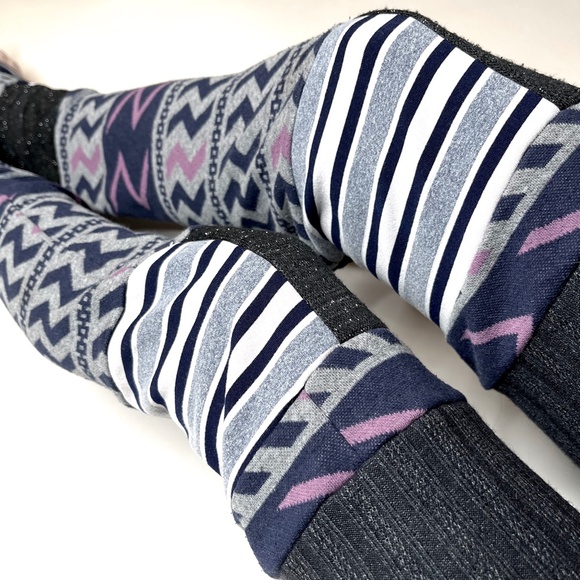 Patchwork Striped Leg Warmers Purple Sweater Knee Socks Gray Knit Thigh Highs OS - Picture 8 of 10